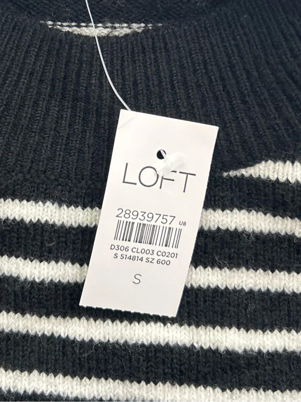 NWT LOFT Womens Sweater Black White Striped Pullover Wool Mock Neck Front Tie S